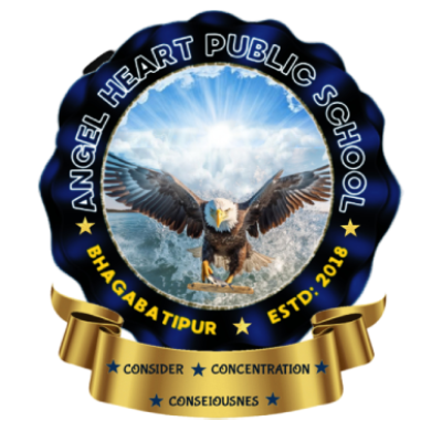 A school logo featuring a navy blue shield with a white emblem. There are two sheaves of grain flanking the central design.